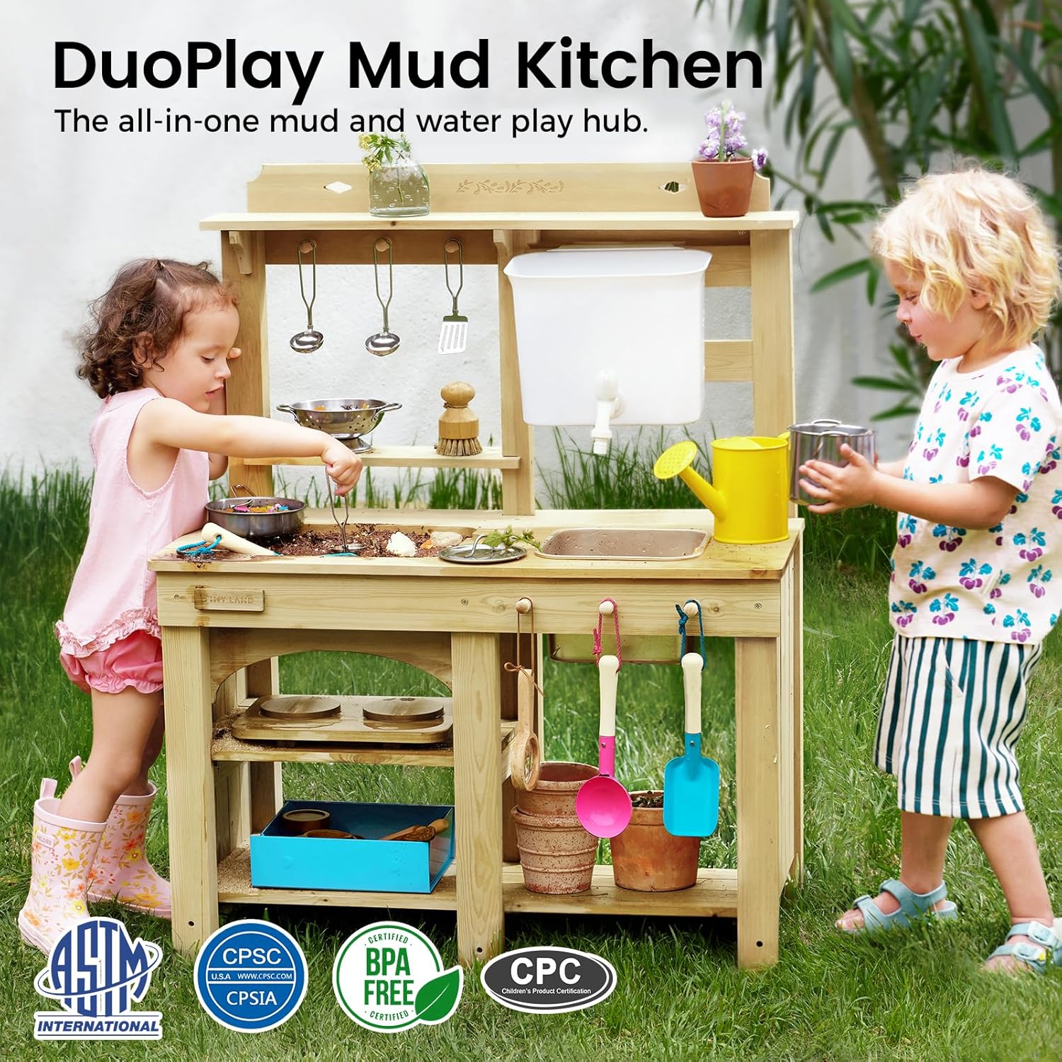 Tiny Land Outdoor Mud Kitchen for Kids Wooden Play Kitchen with Water Tank Water & Cooking Play Sensory Fun Weather-Resistant with Storage Ideal for Toddlers Ages 3+