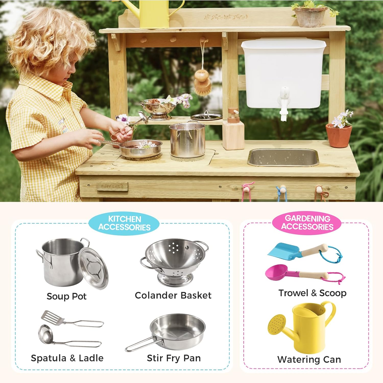 Tiny Land Outdoor Mud Kitchen for Kids Wooden Play Kitchen with Water Tank Water & Cooking Play Sensory Fun Weather-Resistant with Storage Ideal for Toddlers Ages 3+