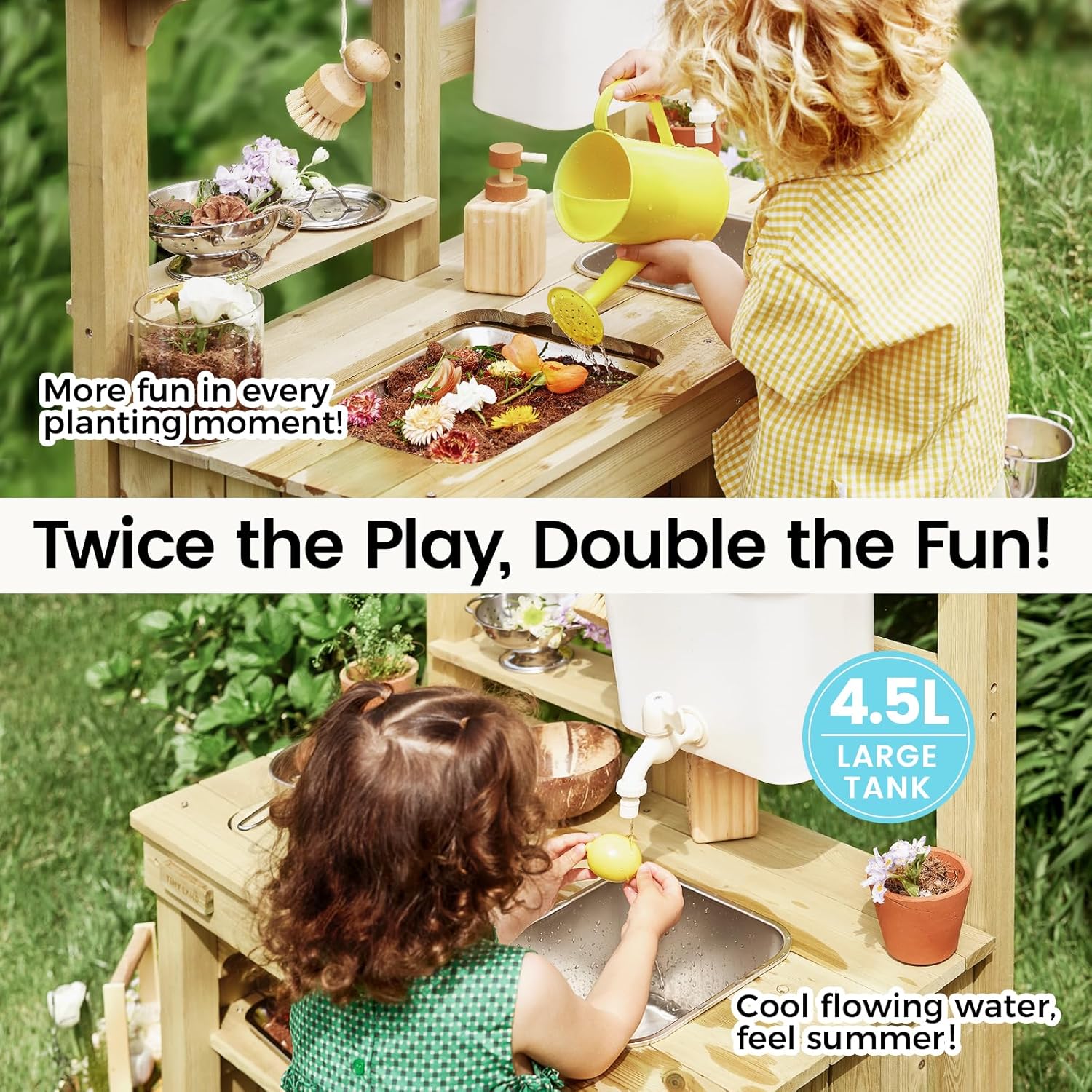 Tiny Land Outdoor Mud Kitchen for Kids Wooden Play Kitchen with Water Tank Water & Cooking Play Sensory Fun Weather-Resistant with Storage Ideal for Toddlers Ages 3+