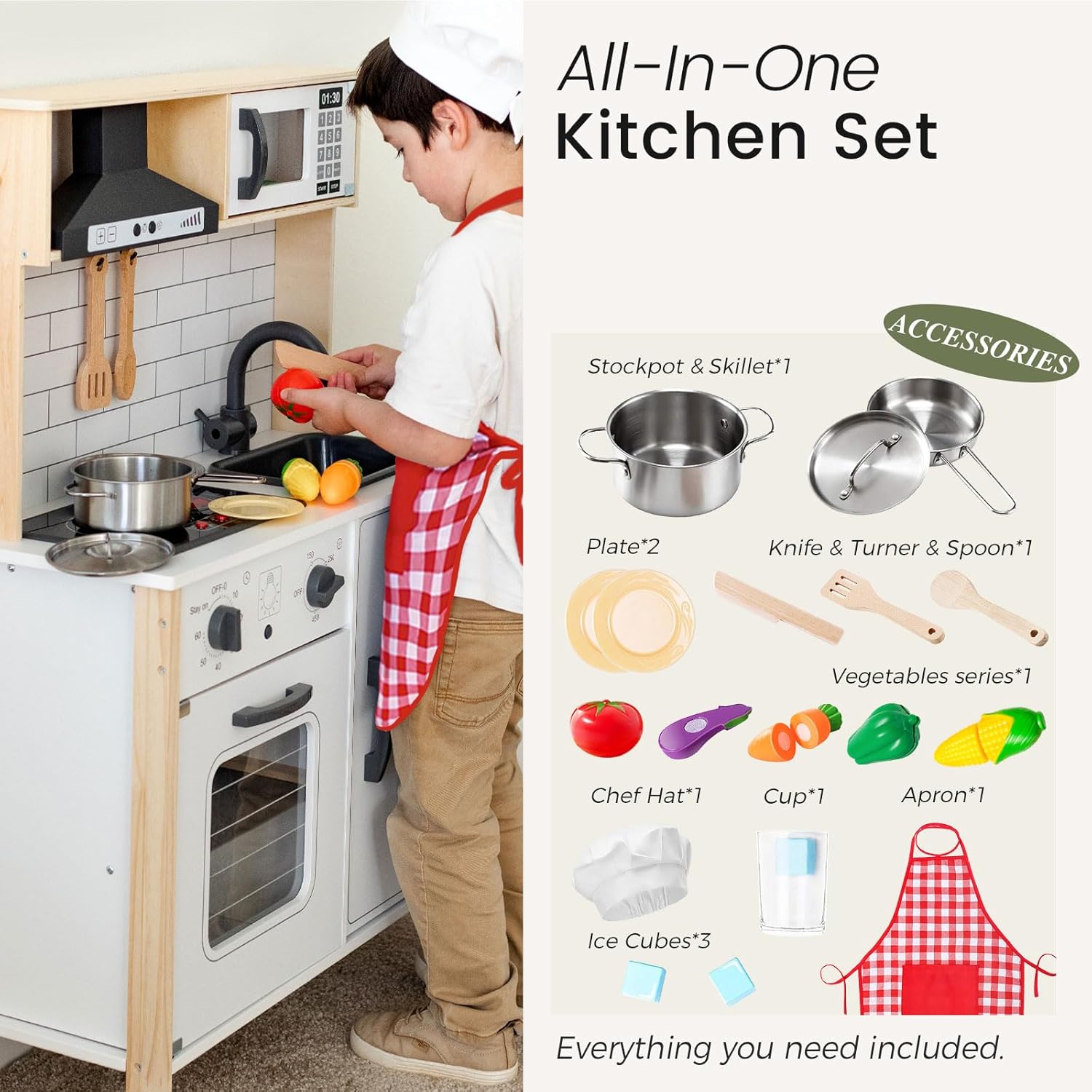 Tiny Land Play Kitchen for Kids, Wooden Kids Play Kitchen Playset Chef Pretend Play Set for Toddlers with Real Lights & Sounds, Toys Kitchen with 18 Pcs Toy Food & Cookware Accessories
