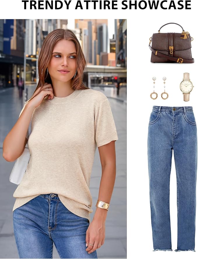 Arach&Cloz Womens Cute Summer Tops White Short Sleeve Sweaters Crew Neck Womens Tops Dressy Casual Ladies 2026 (Apricot S)