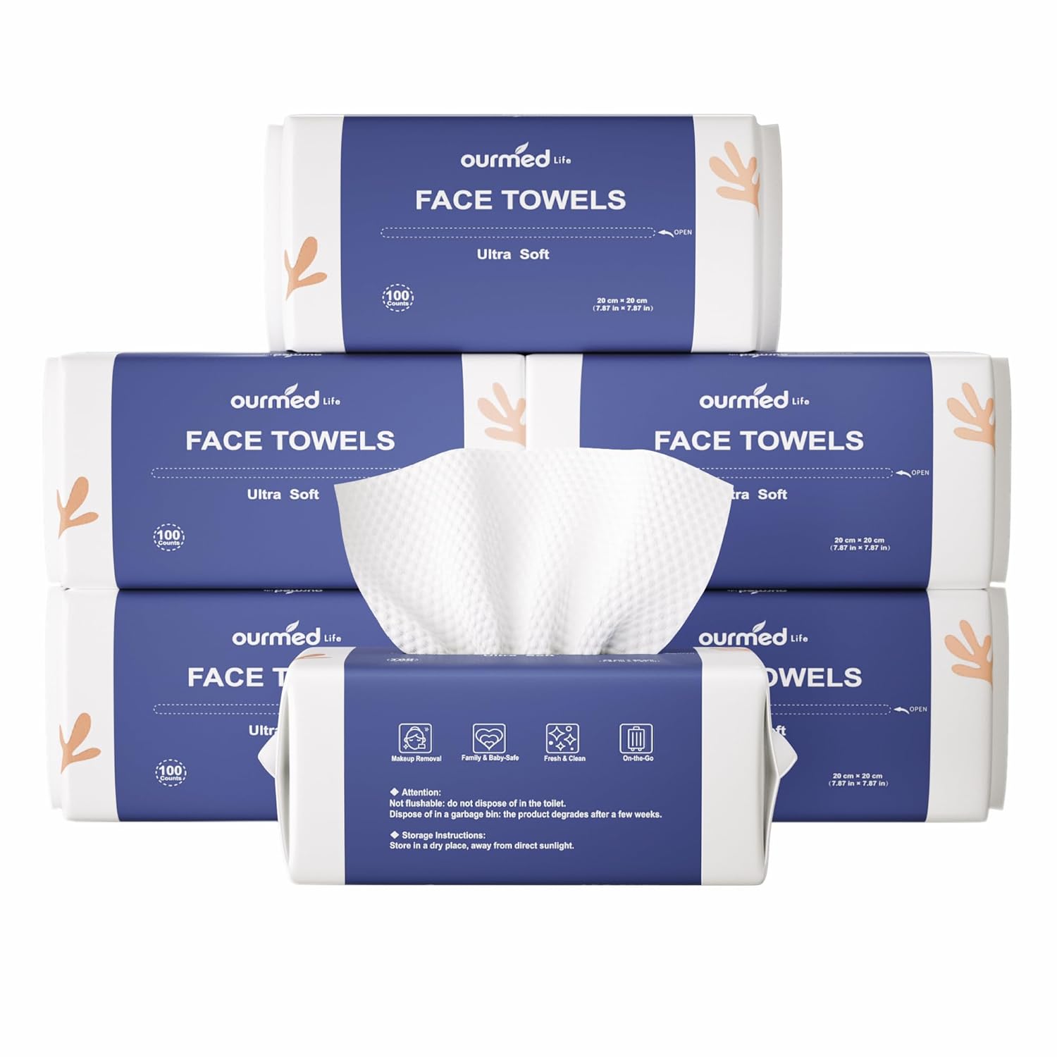 Ourmed Life Face Towels Disposable Biodegradable Clean Facial Towels for Sensitive Skin Lint- free Face Cloths for Makeup Remover Skincare and Women Cleaning Dry Wipes 600 Count Dot Texture