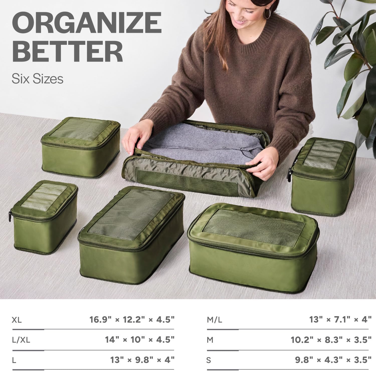 Aerotrunk Compression Packing Cubes for Travel - Luggage Organizer Bags - Double Zipper Packing Cubes for Suitcases (6-Pack Olive)