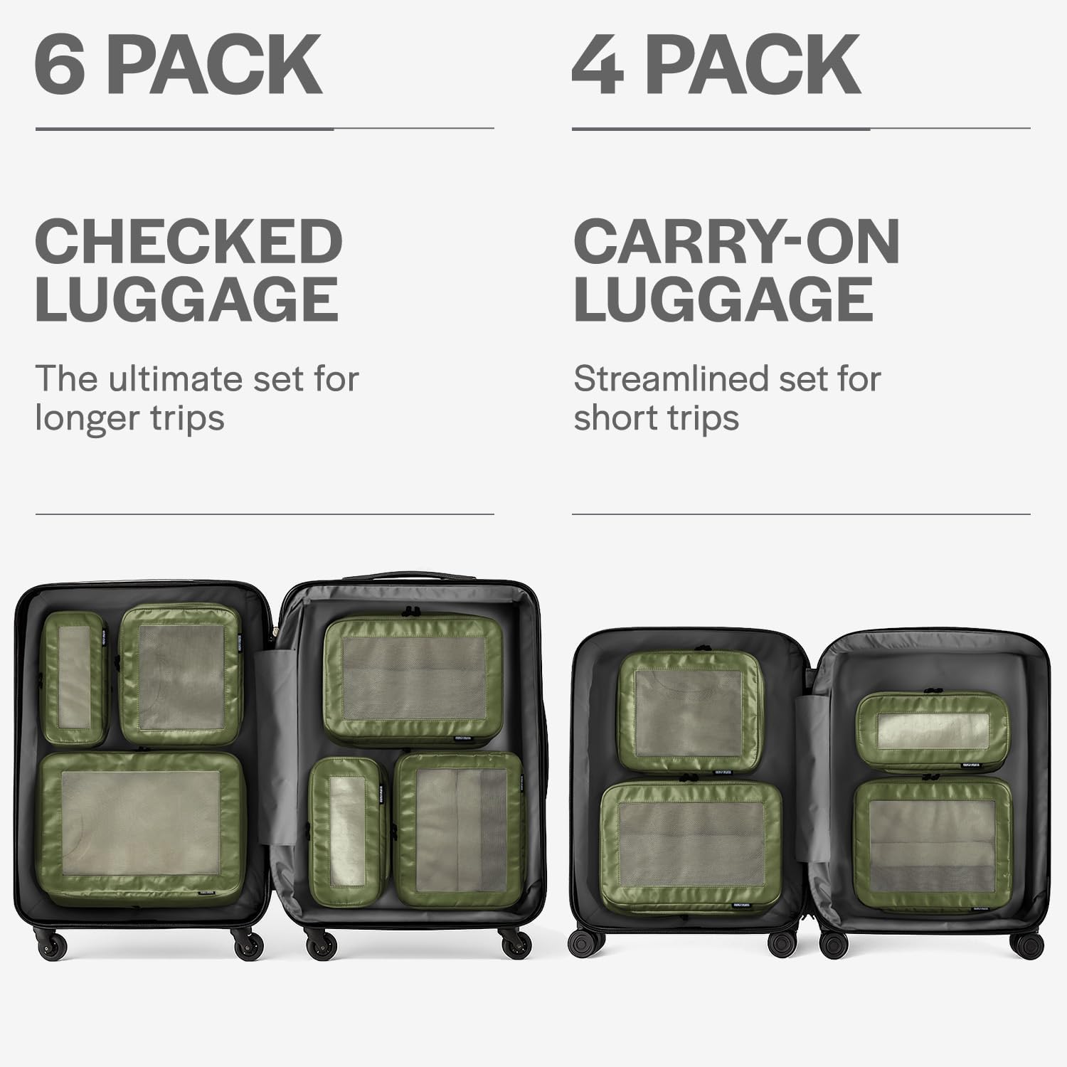 Aerotrunk Compression Packing Cubes for Travel - Luggage Organizer Bags - Double Zipper Packing Cubes for Suitcases (6-Pack Olive)