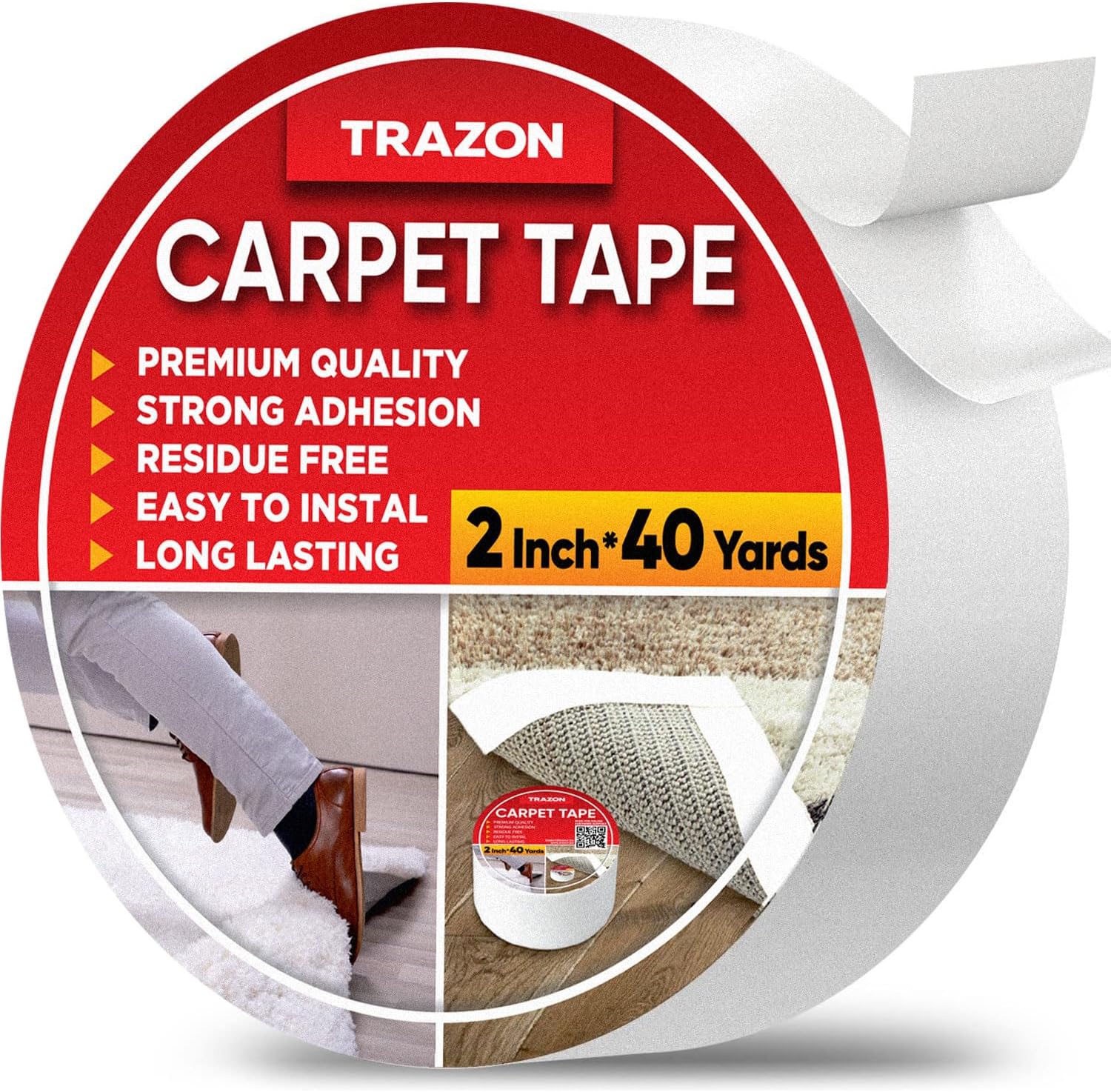 Trazon Carpet Tape Double Sided - 2 in / 120 Ft (40 Yards) Tape Grippers for Hardwood Floors and Area Rugs - Strong Adhesive and Removable Heavy Duty Stickers Residue Free