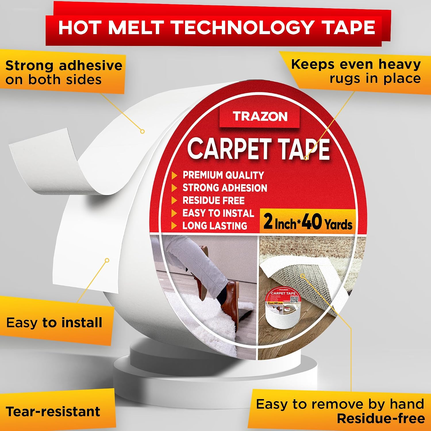 Trazon Carpet Tape Double Sided - 2 in / 120 Ft (40 Yards) Tape Grippers for Hardwood Floors and Area Rugs - Strong Adhesive and Removable Heavy Duty Stickers Residue Free