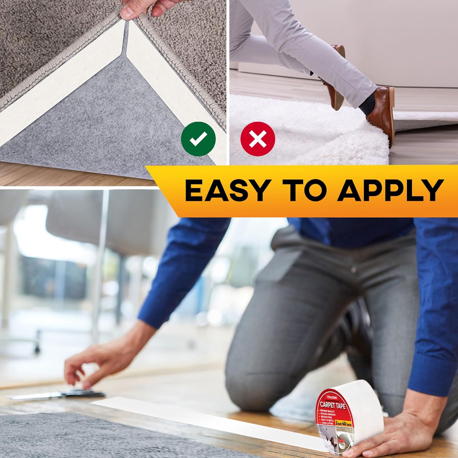 Trazon Carpet Tape Double Sided - 2 in / 120 Ft (40 Yards) Tape Grippers for Hardwood Floors and Area Rugs - Strong Adhesive and Removable Heavy Duty Stickers Residue Free