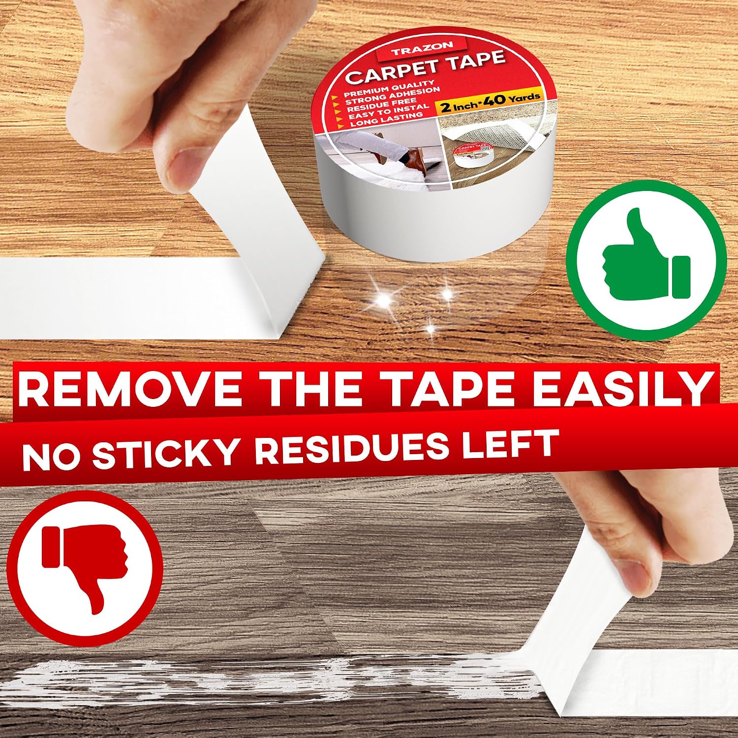 Trazon Carpet Tape Double Sided - 2 in / 120 Ft (40 Yards) Tape Grippers for Hardwood Floors and Area Rugs - Strong Adhesive and Removable Heavy Duty Stickers Residue Free
