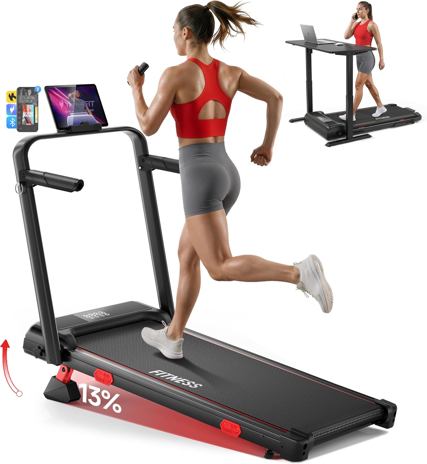 RHYTHM FUN 13% Incline Walking Pad Treadmill with Handles, 6.2MPH, Foldable | 3.9" Folded Height Space-saving, Easy Setup, 8.5"Side Handle Bar, 0.6–6.2 mph, APP, Quiet, For Home Office Use