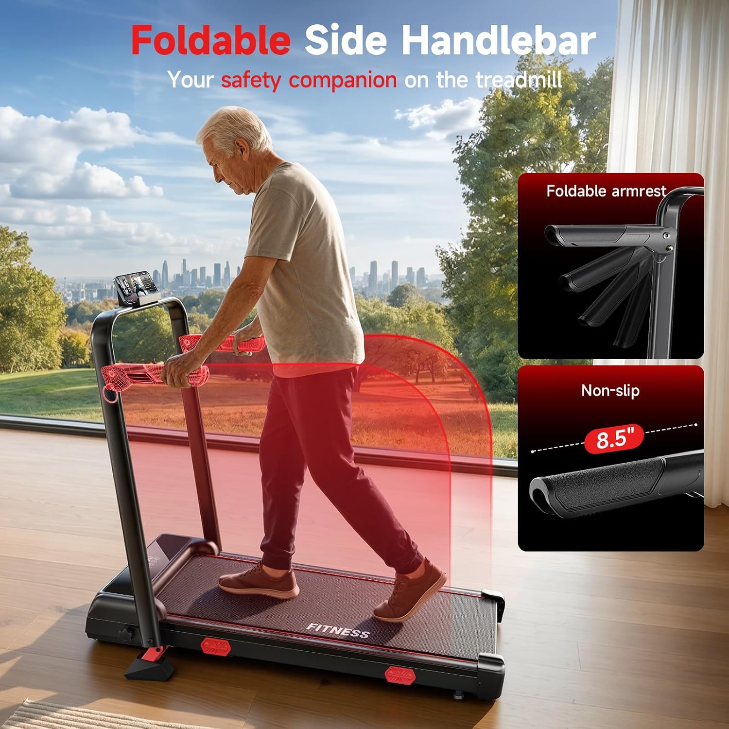 RHYTHM FUN 13% Incline Walking Pad Treadmill with Handles, 6.2MPH, Foldable | 3.9" Folded Height Space-saving, Easy Setup, 8.5"Side Handle Bar, 0.6–6.2 mph, APP, Quiet, For Home Office Use