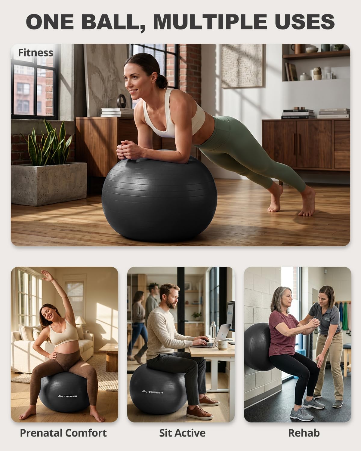 Trideer Extra Thick Yoga Ball Exercise Ball 5 Sizes Ball Chair Heavy Duty Swiss Ball for Balance Stability Pregnancy Physical Therapy Quick Pump Included (Black XXL (78-85cm))