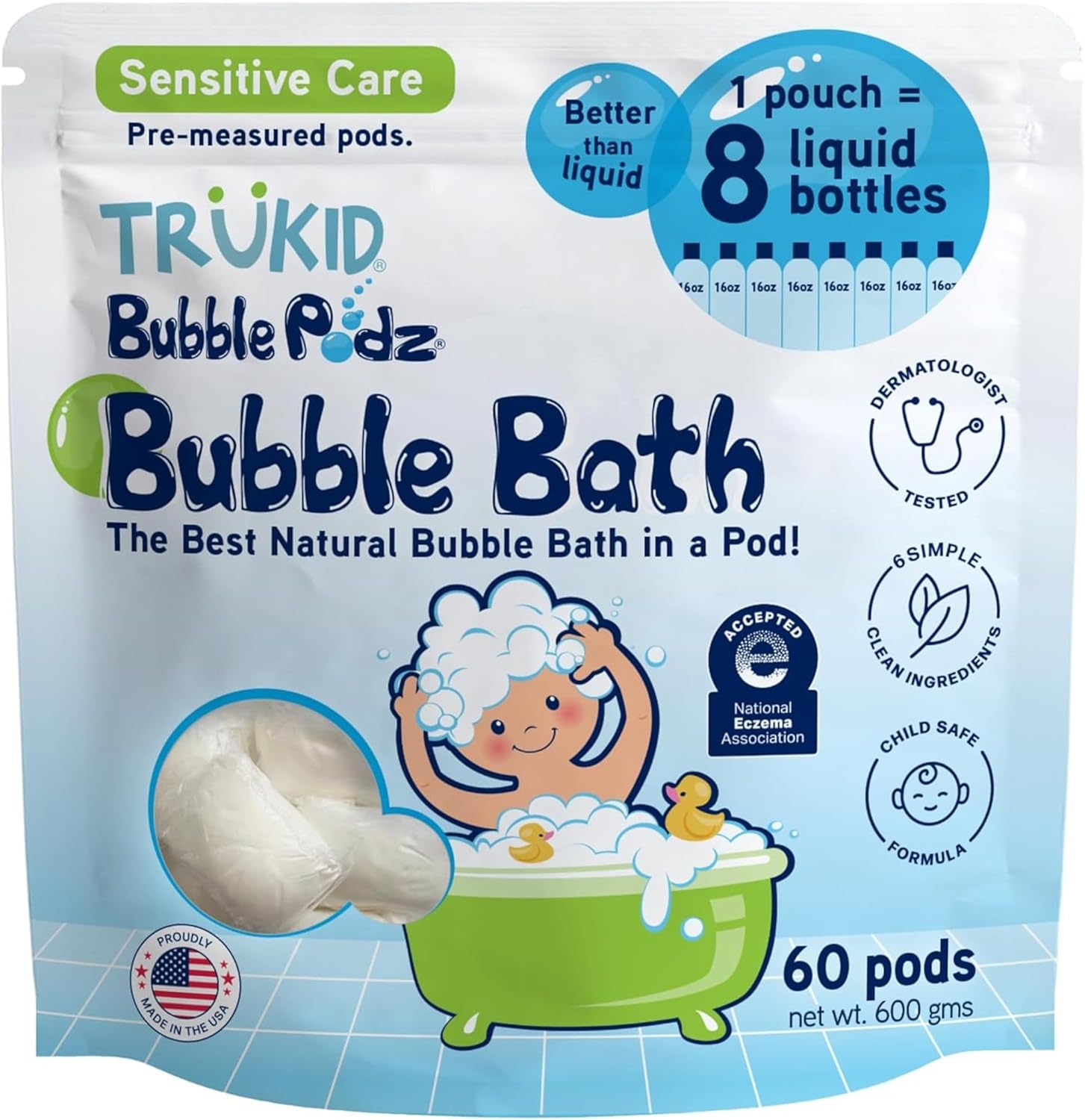 TruKid Bubble Podz Bubble Bath for Kids Toddlers & Babies NEA-Accepted for Eczema Gentle Refreshing Colloidal Oatmeal Bath Bomb for Sensitive Skin pH Balanced Tear Free Unscented (60 Podz)