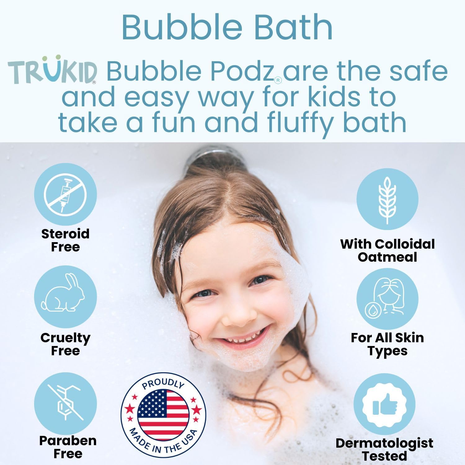 TruKid Bubble Podz Bubble Bath for Kids Toddlers & Babies NEA-Accepted for Eczema Gentle Refreshing Colloidal Oatmeal Bath Bomb for Sensitive Skin pH Balanced Tear Free Unscented (60 Podz)