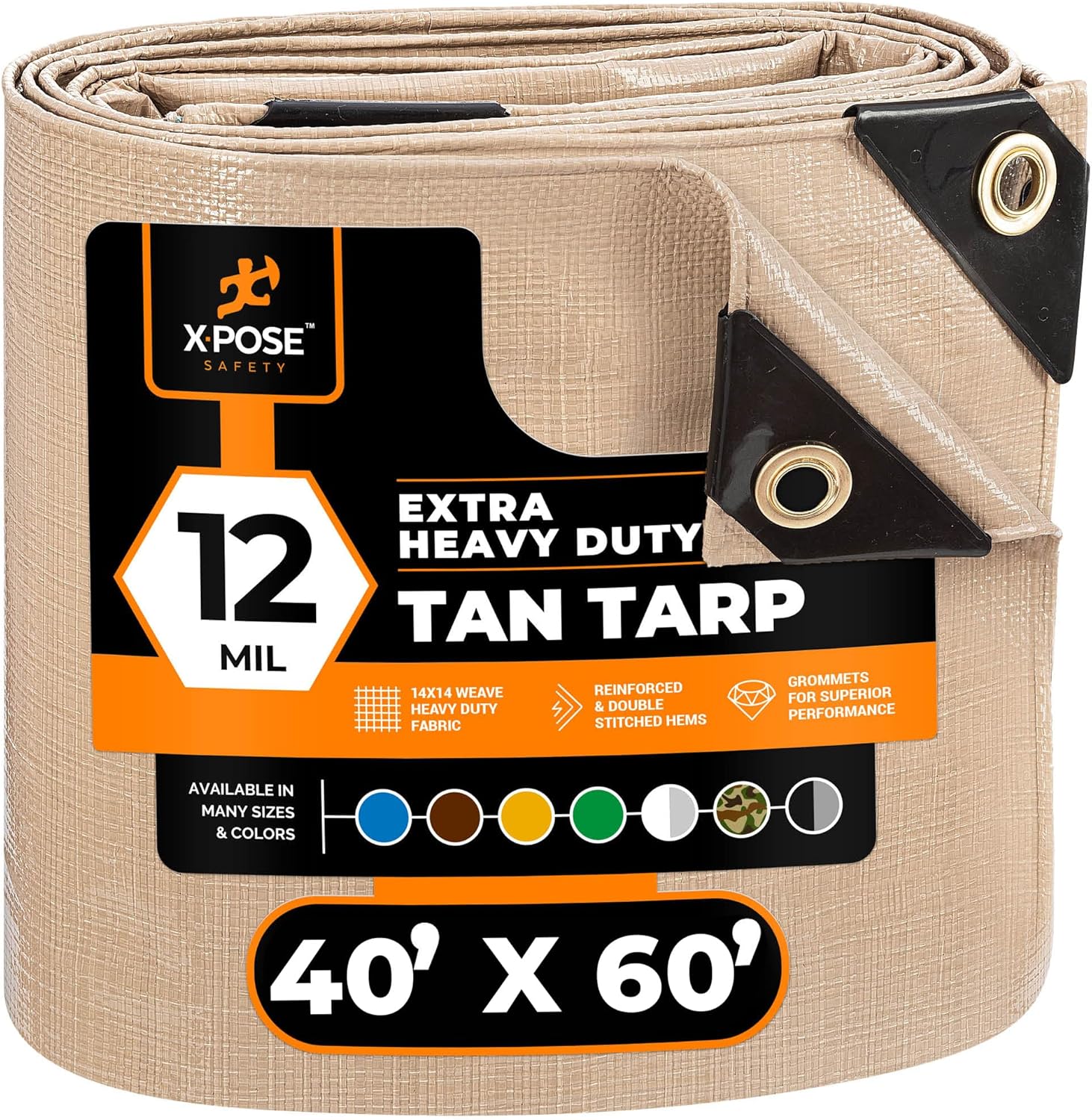 Heavy Duty Tan Poly Tarp 40' X 60' - Multipurpose Protective Cover - Durable Waterproof Weather Proof Rip and Tear Resistant - Extra Thick 12 Mil Polyethylene - by Xpose Safety
