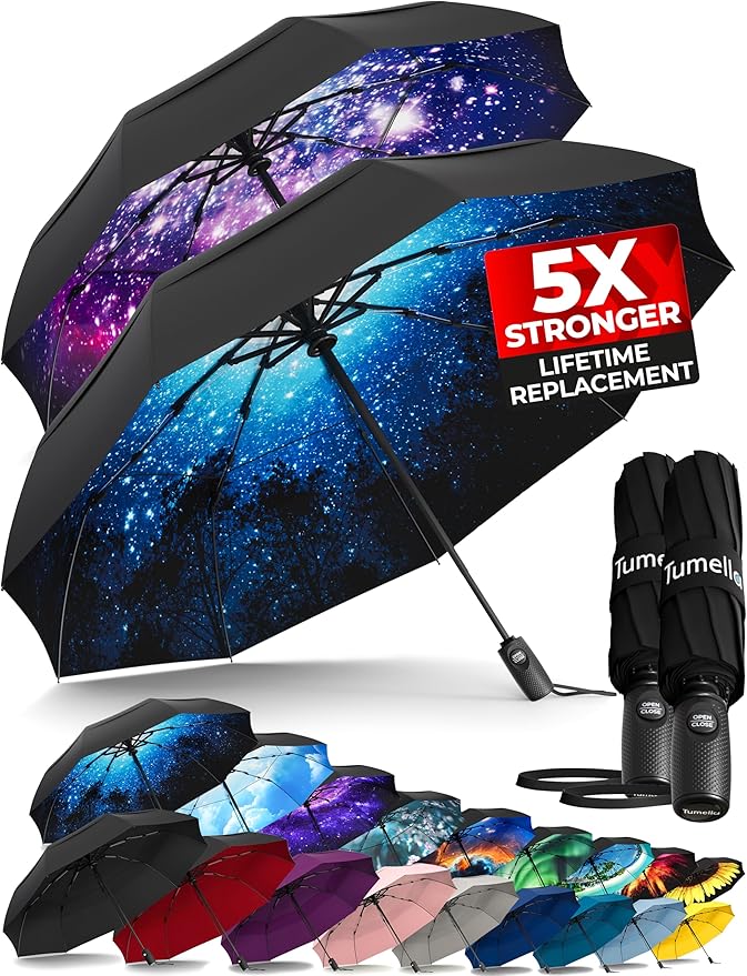 TUMELLA Strongest Windproof Travel Umbrella (Compact Superior & Beautiful) Small Strong but Light Portable and Automatic Folding Rain Umbrella Durable Premium Grip Fits Car and Backpack Blue Black