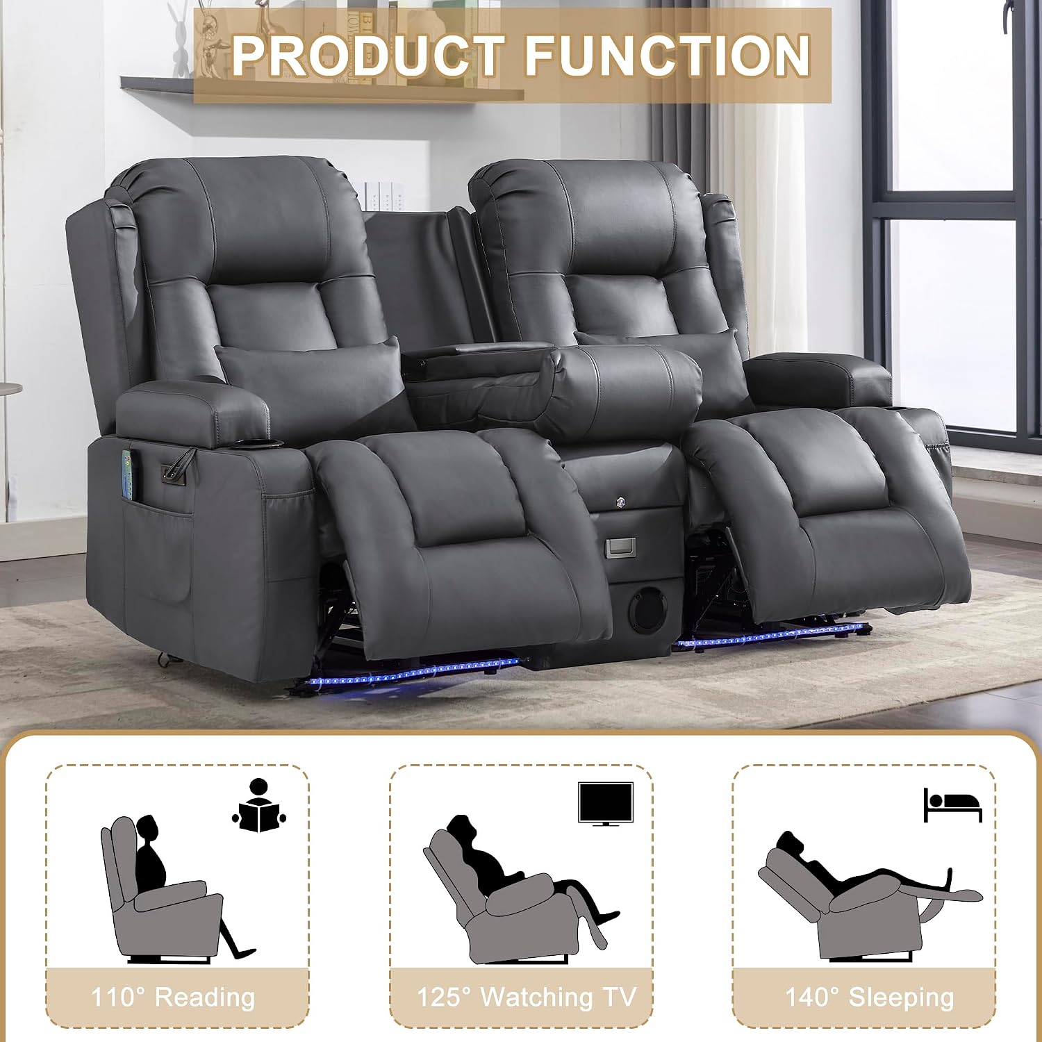 URRED Power Loveseat Recliner Sofa with Massage and Heat