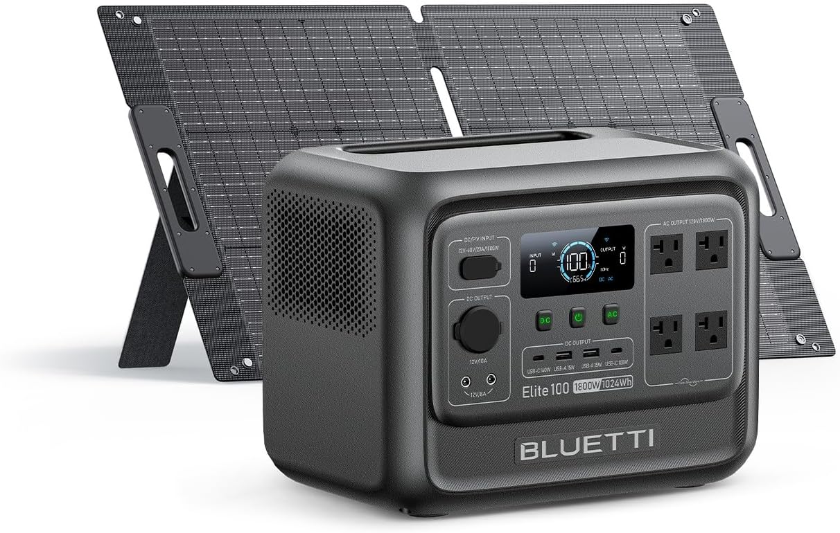 BLUETTI Elite 100 V2 Solar Generator with 100W Solar Panel (Ships Separately) 1024Wh Portable Power Station w/ 4 1800W AC Outlets 35% Smaller Ideal for Camping Emergencies Backup Power