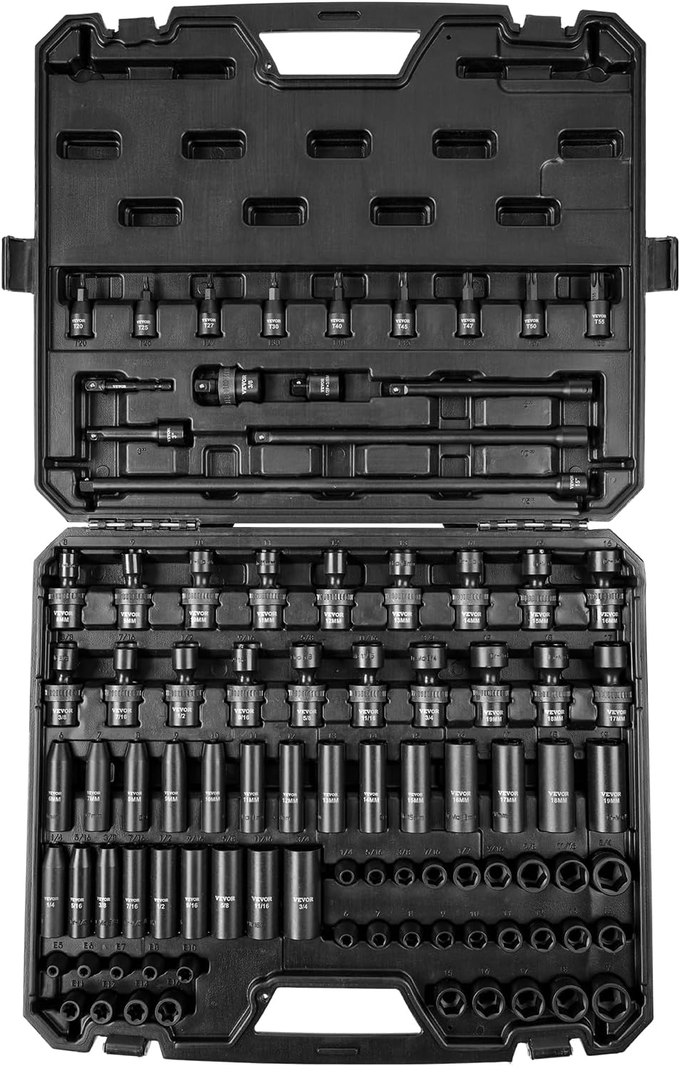 VEVOR Impact Socket Set 3/8" Drive, 90 PCS, CR-MO, SAE 1/4"-3/4" Metric 6-19mm, with Shallow & Deep Sockets, Swivel & E-Torx & Bit socket Sockets, Extension Bars, Adapters, Universal Joint, 3/8" 90 PCS CR-MO