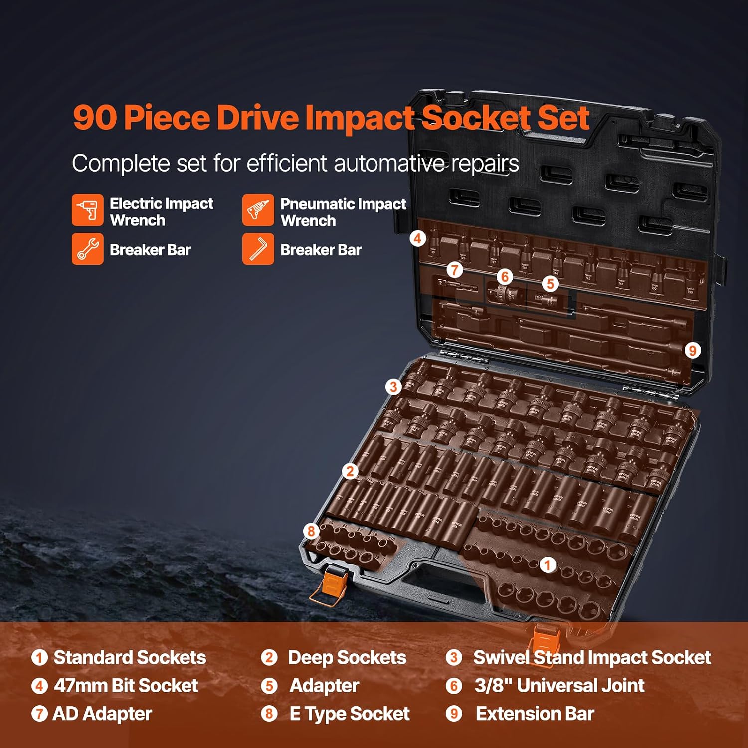 VEVOR Impact Socket Set 3/8" Drive, 90 PCS, CR-MO, SAE 1/4"-3/4" Metric 6-19mm, with Shallow & Deep Sockets, Swivel & E-Torx & Bit socket Sockets, Extension Bars, Adapters, Universal Joint, 3/8" 90 PCS CR-MO