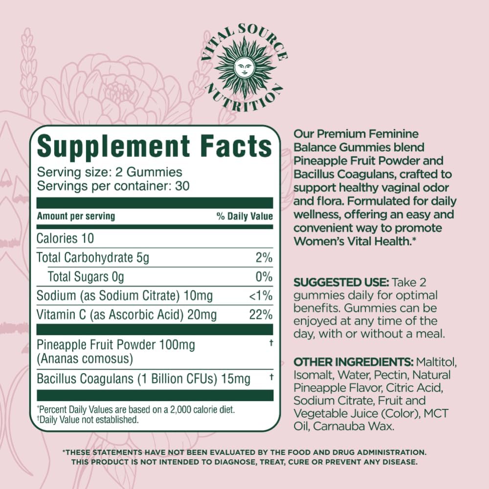 Vital Source Nutrition Vaginal Probiotic Gummies for Women - pH Balance and Immune Defense Support Healthy Odor and Vaginal Flora - Vegan Gluten-Free - Hawaiian Pineapple - 60 Gummies - 30 Servings