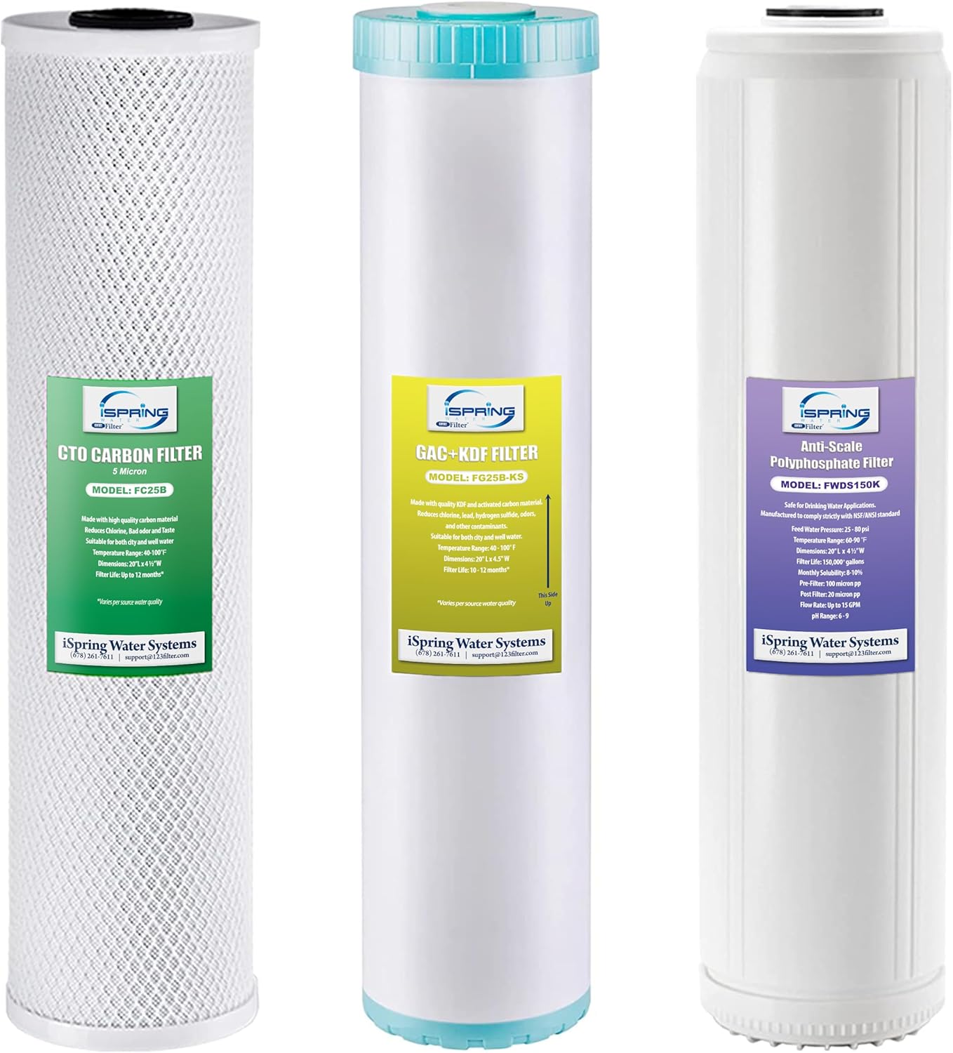 iSpring F3WGB32BKDS 4.5‚Äù x 20‚Äù 3-Stage Whole House Water Filter Replacement Pack with Polyphosphate Anti-Scale GAC+KDF and CTO Carbon Block Water Filters Fits WGB32B-KDS