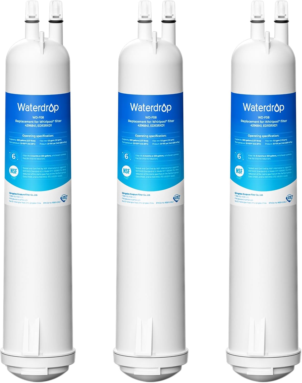 Waterdrop EDR3RXD1 Replacement for Everydrop® Filter 3, 4396841, 4396710, Kenmore® 46-9083, 46-9030, WD-F08 Refrigerator Water Filter, 3 Filters