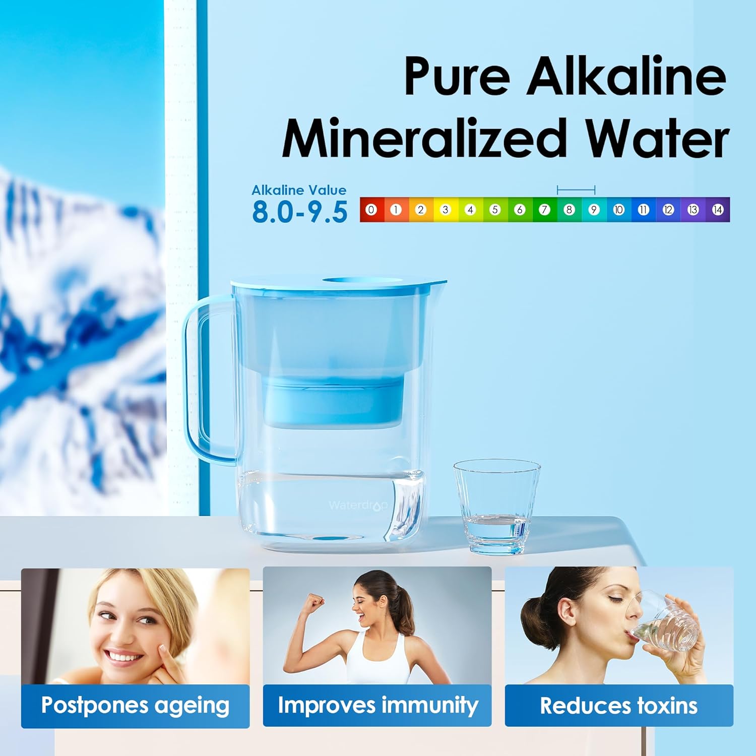 Waterdrop PT-07B-A Alkaline Water Filter Pitcher, 10-Cup, Healthy
