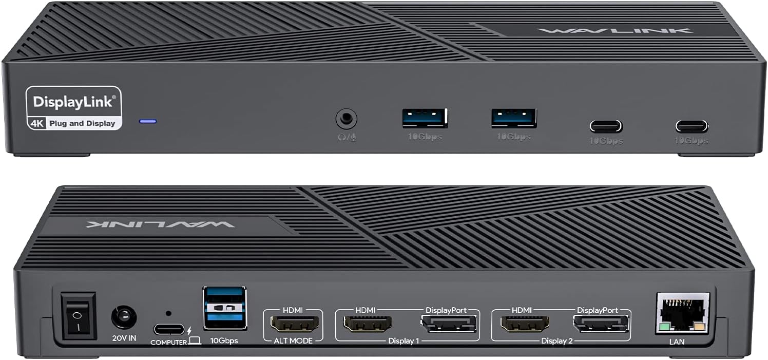 WAVLINK DisplayLink Docking Station Triple Monitor 4K@60Hz for 3 Monitors 100W Charging for Thunderbolt 5/4/3 USB C M1-M5 Mac/MacBook Neo/Windows- 3 HDMI 2 DP 6 USB Ports 160W Power LAN Audio