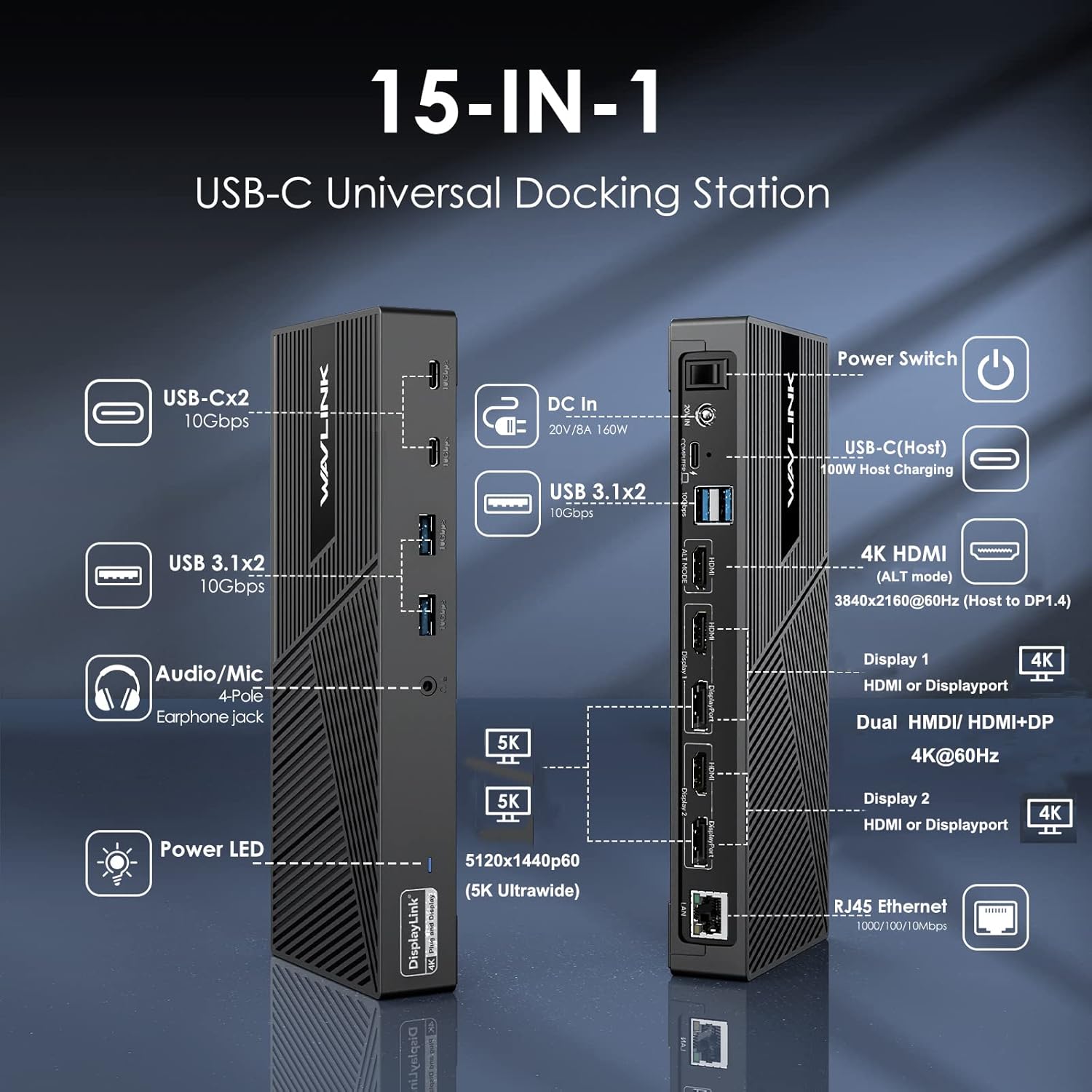 WAVLINK DisplayLink Docking Station Triple Monitor 4K@60Hz for 3 Monitors 100W Charging for Thunderbolt 5/4/3 USB C M1-M5 Mac/MacBook Neo/Windows- 3 HDMI 2 DP 6 USB Ports 160W Power LAN Audio