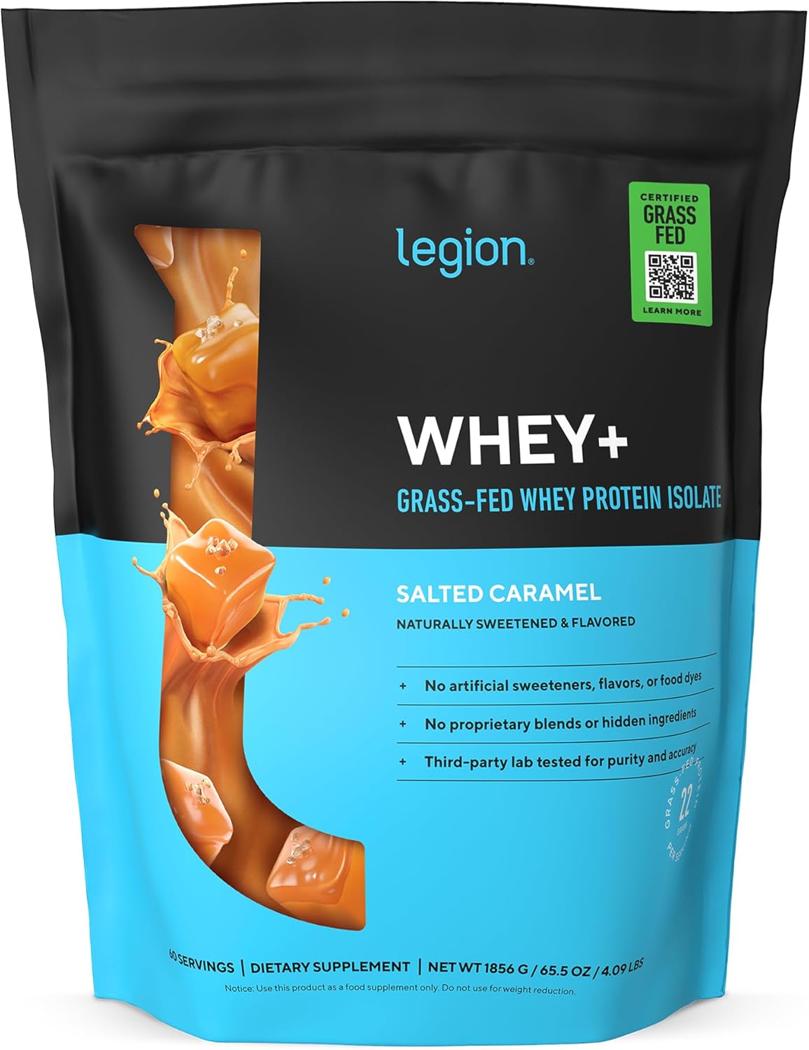 LEGION Whey+ Protein Whey Isolate from Grass Fed Cows (Salted Caramel 60 Servings) - Whey Protein Isolate Powder Low Calorie Non-GMO Sugar Free Lactose and Gluten Free All Natural Protein Powder