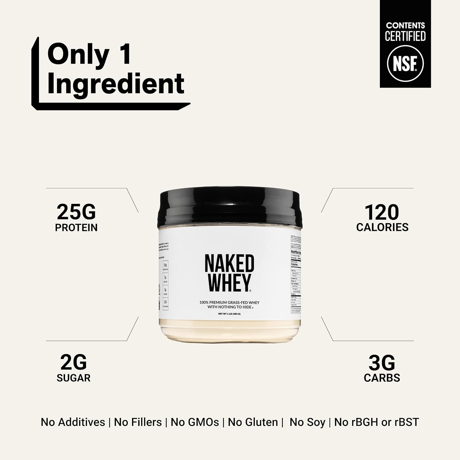 NAKED Whey 1Lb - Only 1 Ingredient, Grass Fed Whey Protein Powder, NSF Certified, Undenatured, No Gmos, No Soy, Gluten Free, Stimulate Growth, Enhance Recovery - 15 Servings