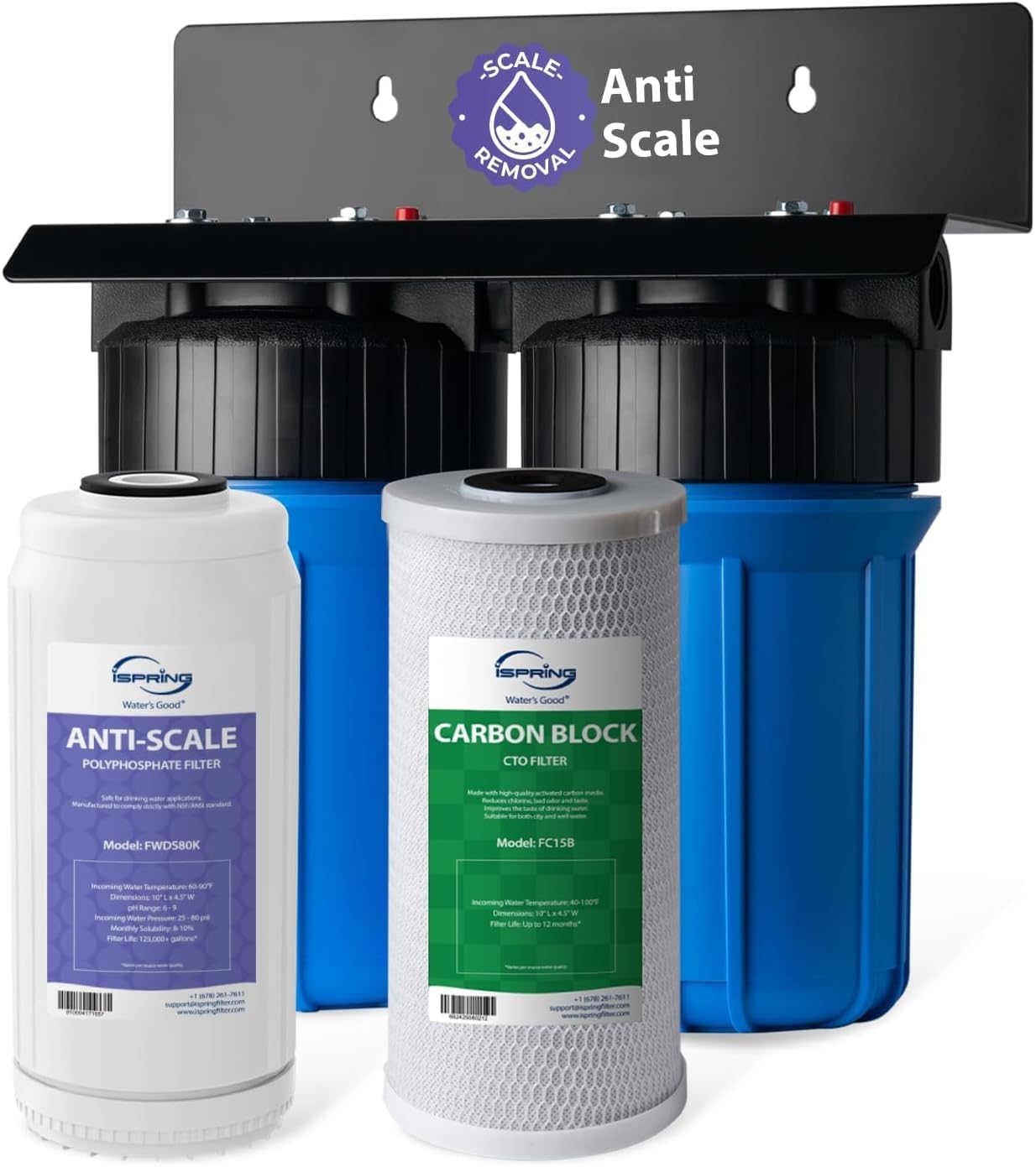 iSpring WGB21B-DS 2-Stage Whole House Water Filtration System with 10" x 4.5" Sediment CTO(Chlorine Taste and Odor) Filter Anti-Scale polyfilter 1" Inlet/Outlet