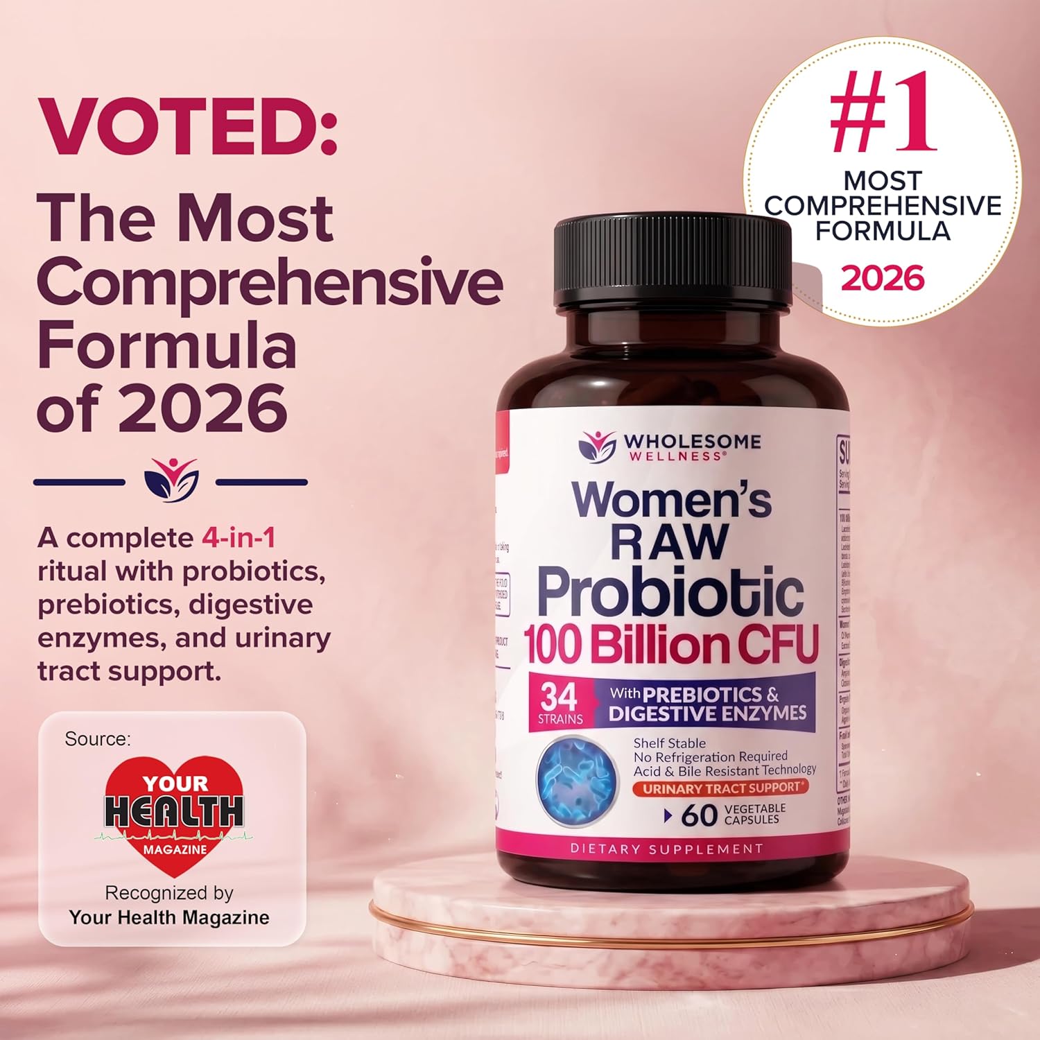 Wholesome Wellness Dr. Formulated Raw Probiotics for Women 100 Billion CFUs Capsules with Prebiotics, Digestive Enzymes, Approved for Adults, Shelf Stable Supplement