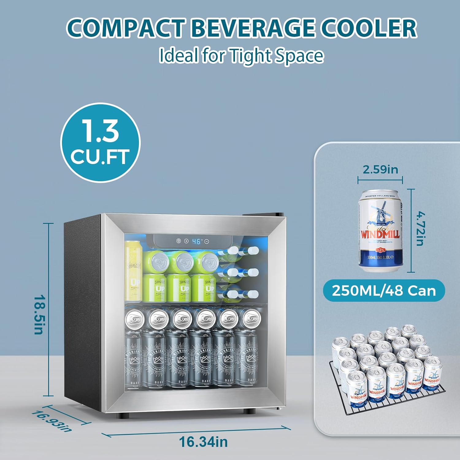 Electactic 48 Can Beverage Refrigerator 12 Bottle Wine Cooler with Stainless Steel Glass Door Digital Temperature Display Countertop Mini Fridge for Soda Wine or Beer Silver