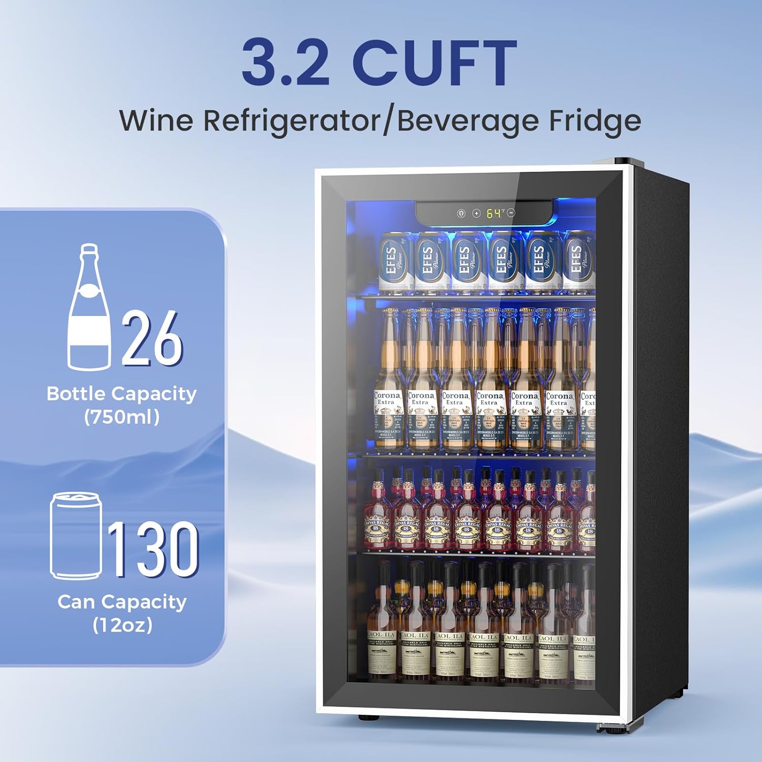 Electactic 26 Bottle Wine Cooler 130 Can Beverage Refrigerator Small Freestanding Cabinet Wine Cellar with 32‚Ñâ-61‚Ñâ Temperature Control Glass Door Black