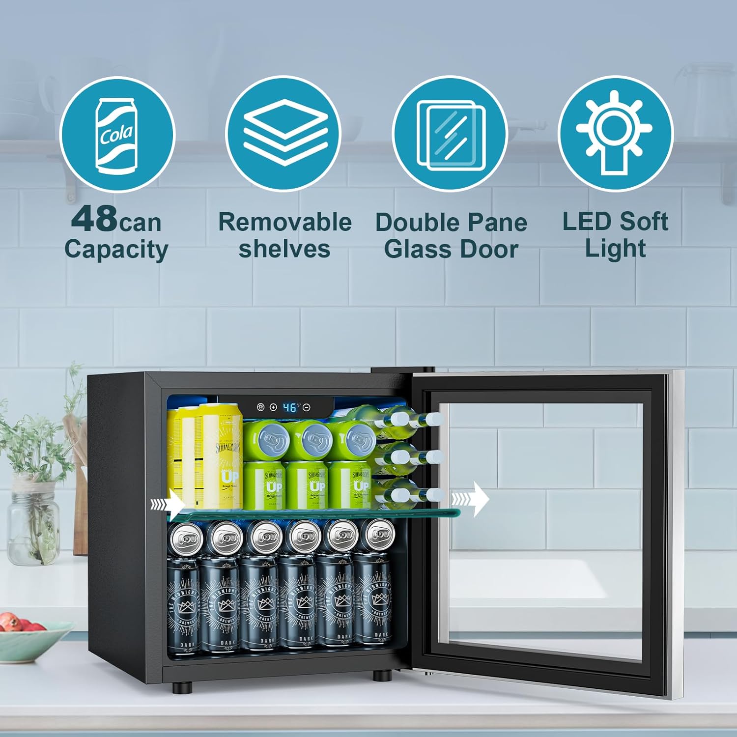Electactic 48 Can Beverage Refrigerator 12 Bottle Wine Cooler with Stainless Steel Glass Door Digital Temperature Display Countertop Mini Fridge for Soda Wine or Beer Silver