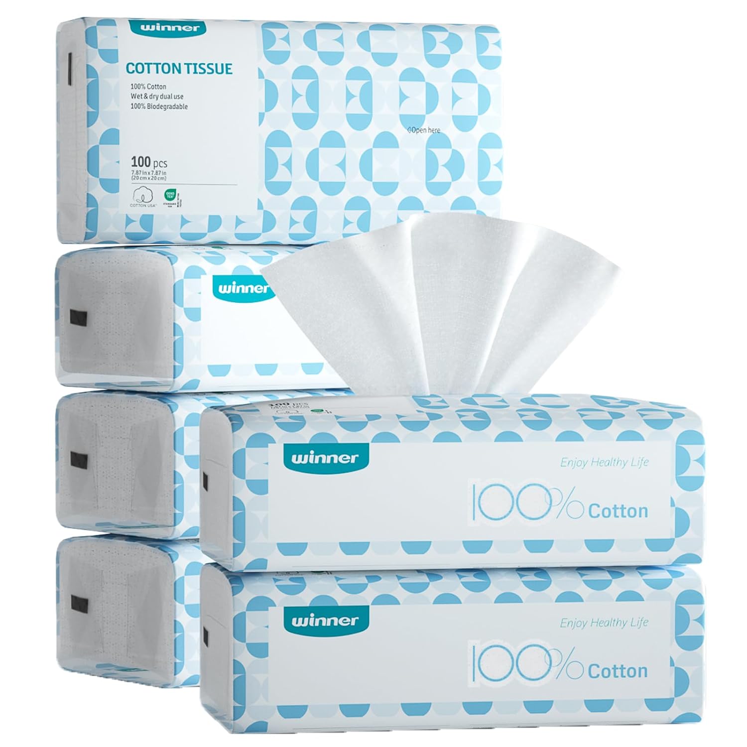 Winner Soft Face Towels 100% USDA Biobased Facial Towels Unscented Cotton Tissues for Sensitive Skin OEKO-TEX Certified Face Towelettes Disposable Makeup Remover Dry Wipes 600 Count Pack of 6