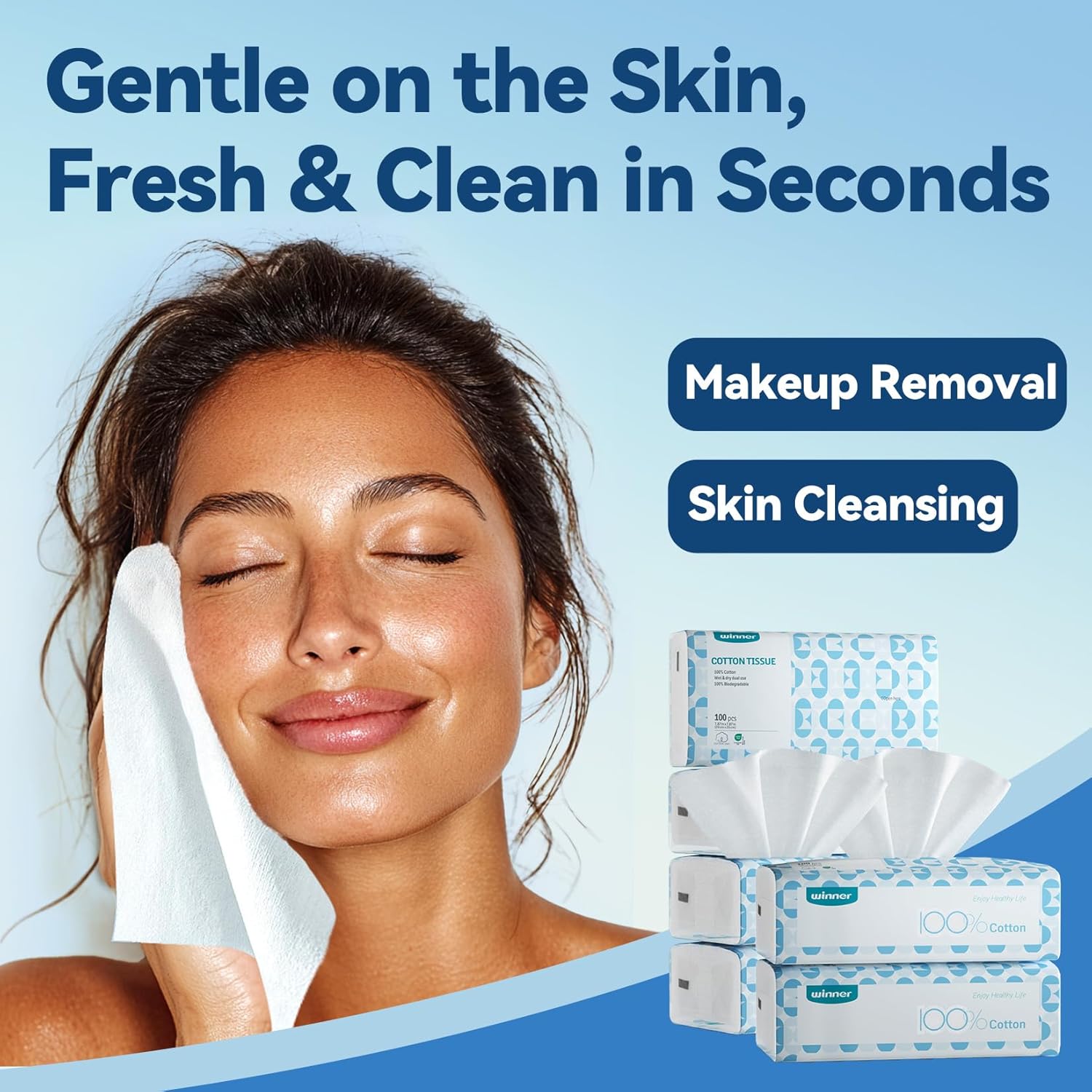 Winner Soft Face Towels 100% USDA Biobased Facial Towels Unscented Cotton Tissues for Sensitive Skin OEKO-TEX Certified Face Towelettes Disposable Makeup Remover Dry Wipes 600 Count Pack of 6