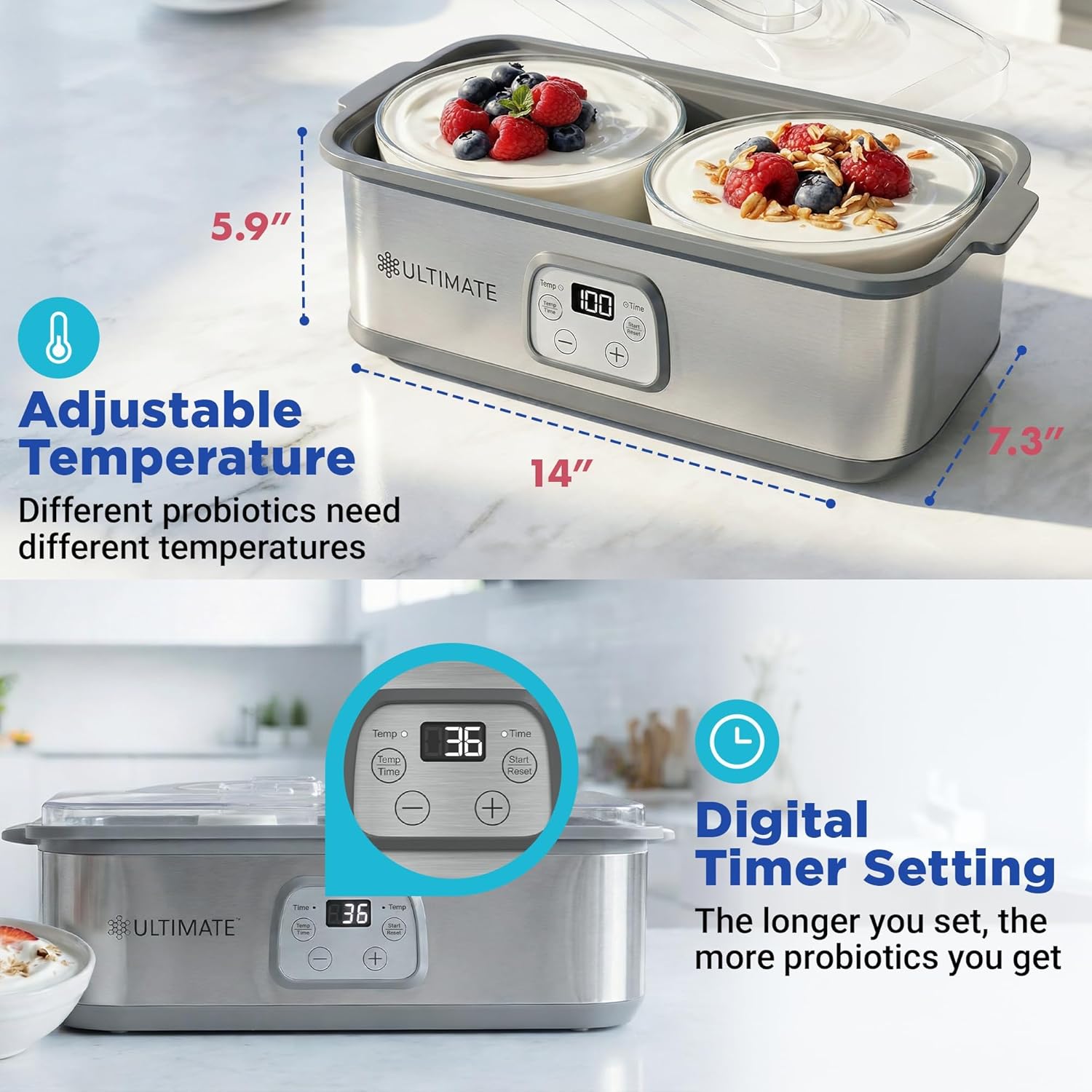 Ultimate Probiotic Yogurt Maker with Adjustable Time & Temperature Control, Make Trillions of Probiotics for Better Gut Health