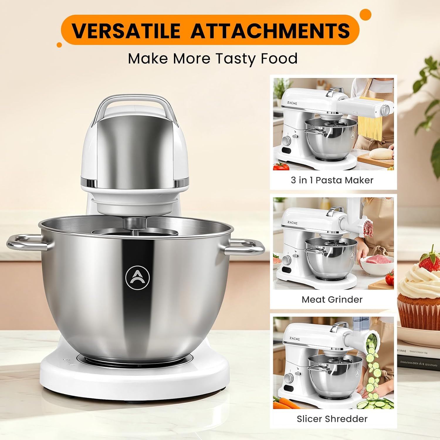 ZACME 8.4QT Commercial Stand Mixer 800W with Aluminum Die Casting Meets the Standard of NSF/ANSI 8-2023, Mixers Kitchen Electric Stand Mixer with Stainless Steel 8L Bowl, Dough Hook, Whisk and Beater
