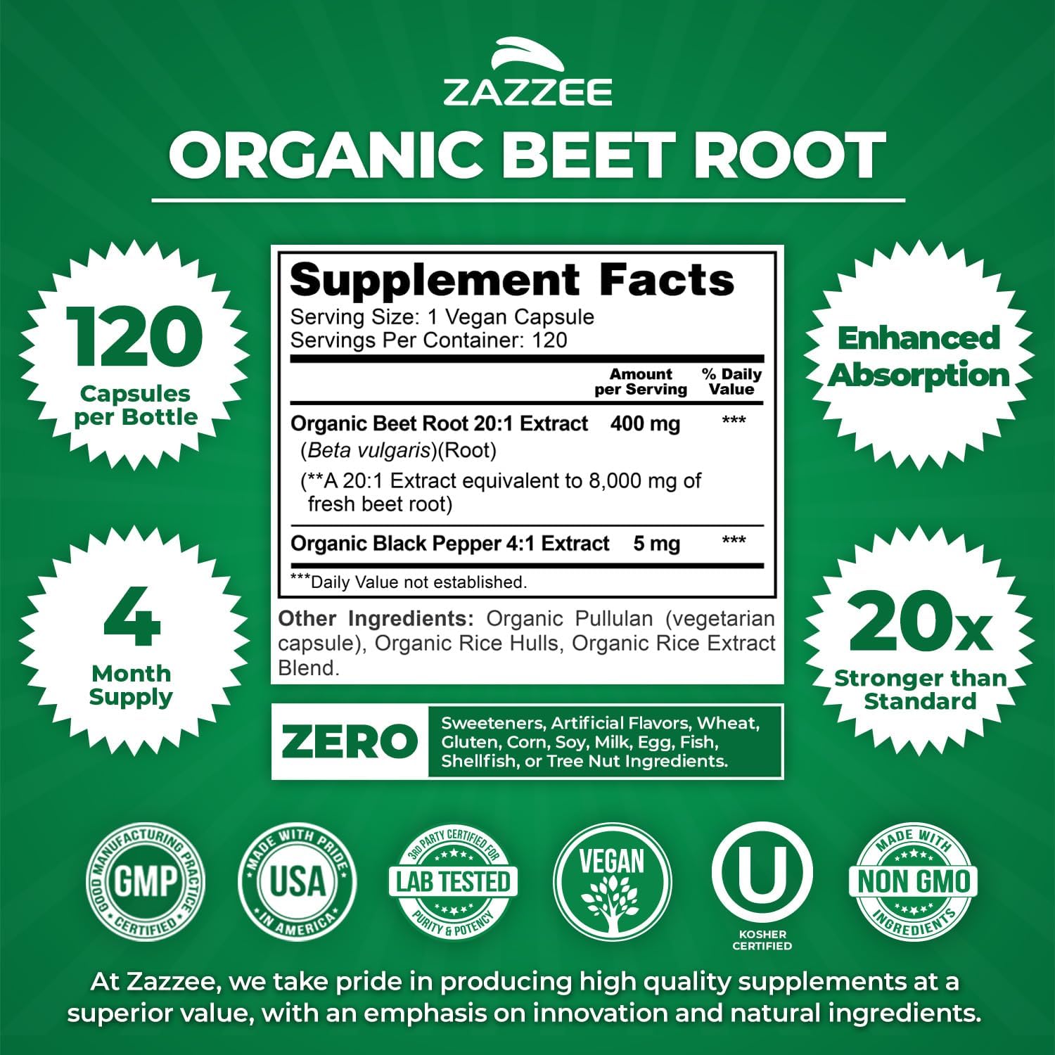Zazzee USDA Organic Beet Root 20:1 Extract