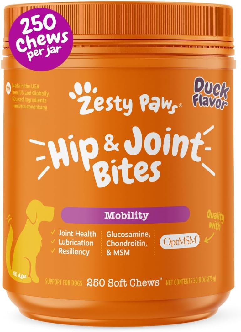 Zesty Paws Hip and Joint for Dogs Glucosamine for Dogs Hip and Joint Supplement with Chondroitin MSM Vitamins C & E - Duck 250 Count