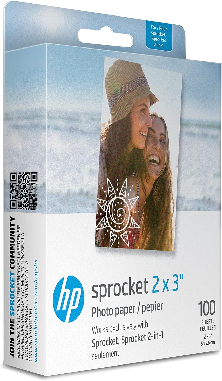 HP Sprocket 2x3" Premium Zink Sticky Back Photo Paper (100 Sheets) Compatible with HP Sprocket Photo Printers.